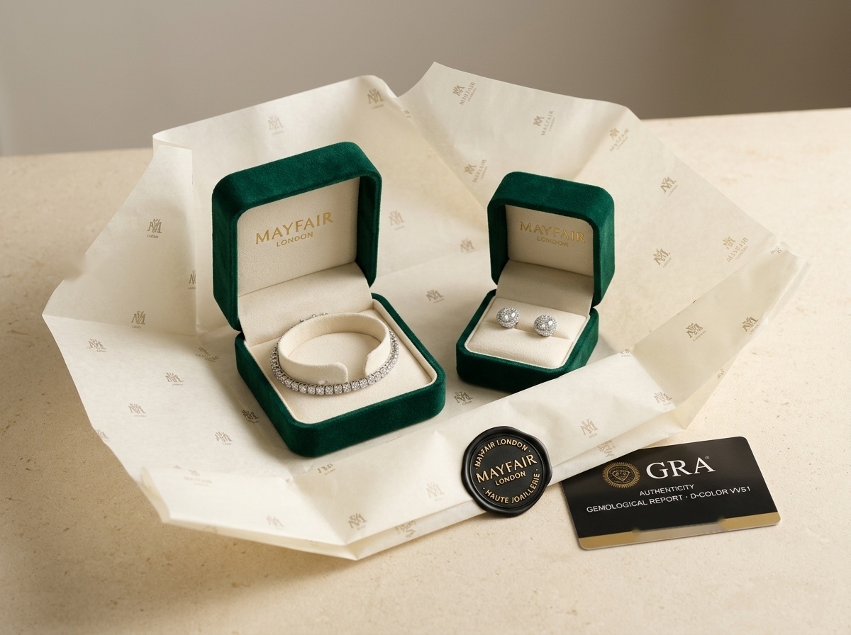 Mayfair London Official Branded Silk Tissue Paper and Imperial Emerald Velvet Gold-Clasp Vaults